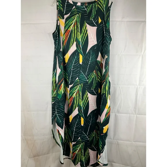 Hount Tropical Leaf Print Sleeveless Maxi Dress Side Slits Size 2XL New - Picture 4 of 6